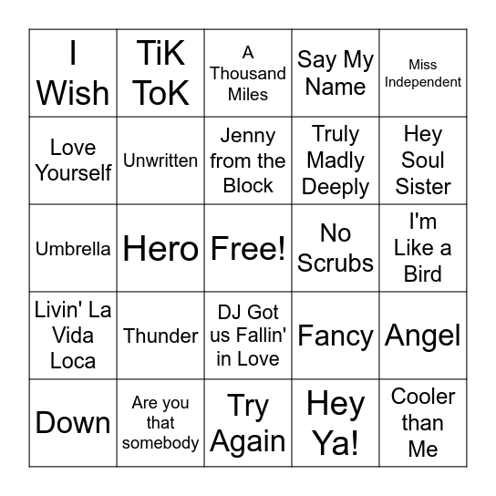 90s/00s/10s Bingo Card