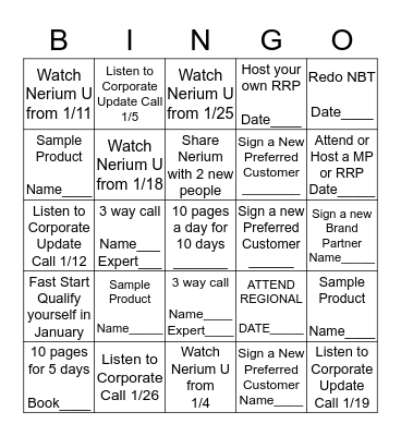 Neriumingo Bingo Card