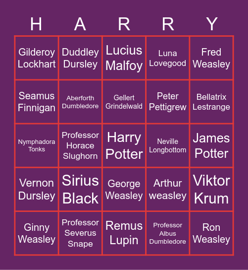 Harry Potter Characters Bingo Card