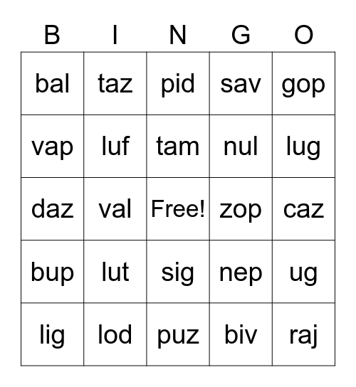 NONSENSE WORDS Bingo Card