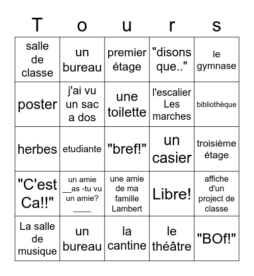 Tour D'ecole Cochez les carres!! Bingo Card