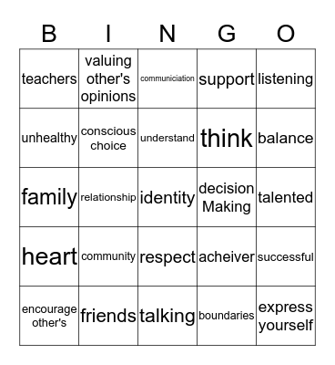 Relationship Bingo Card