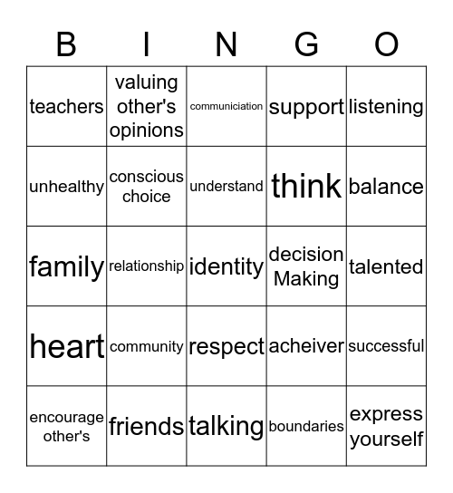 Relationship Bingo Card