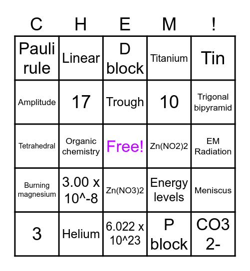 Chemistry Game Bingo Card