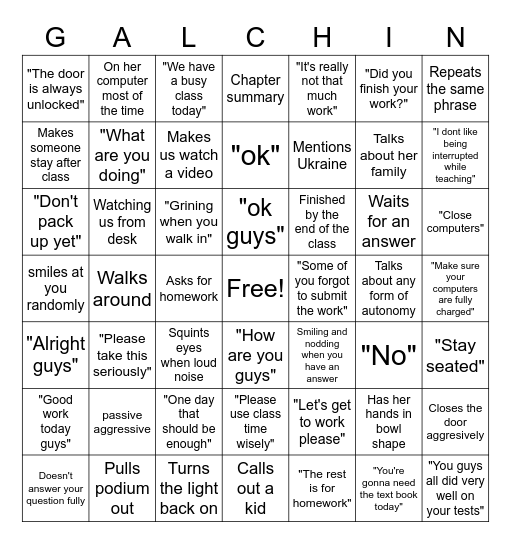 The Galchinsky Bingo Card