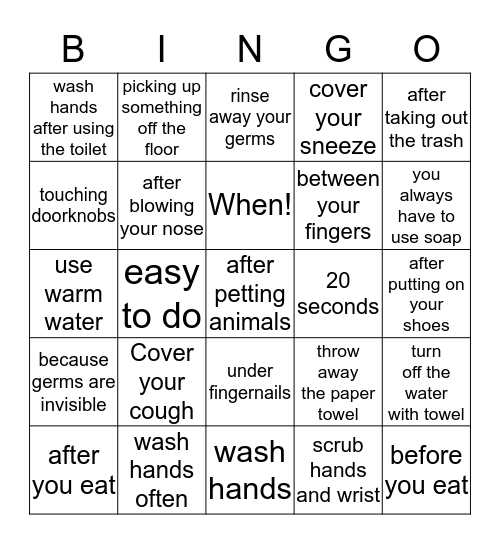 Stop The Spread Of Germs Bingo Card
