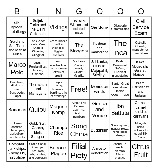 Period One: The Global Tapestry and Networks of Exchange 1200-1450 Bingo Card