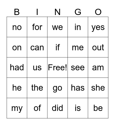 Sight Words Bingo Card