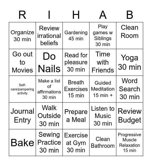 Meaningful Activities Bingo Card
