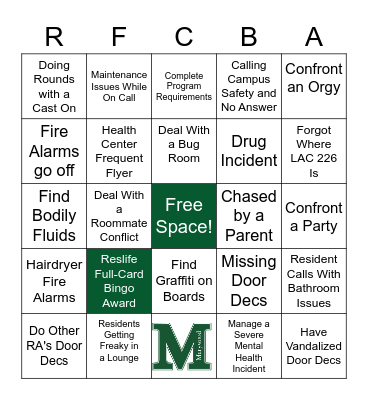 Reslife Full-Card Bingo Award Bingo Card