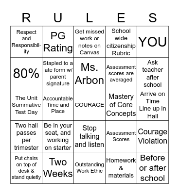 Team Frigga Classroom Standards Bingo Card