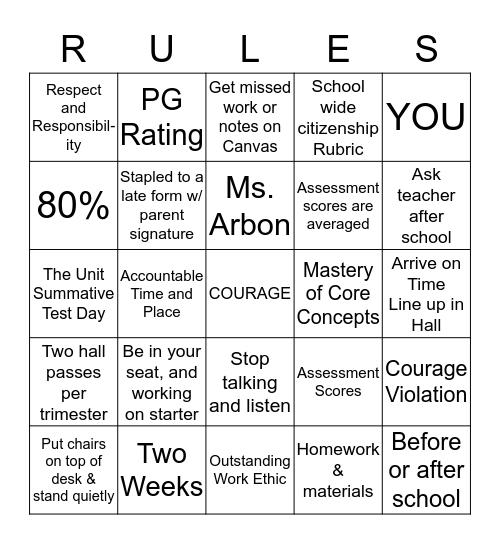 Team Frigga Classroom Standards Bingo Card