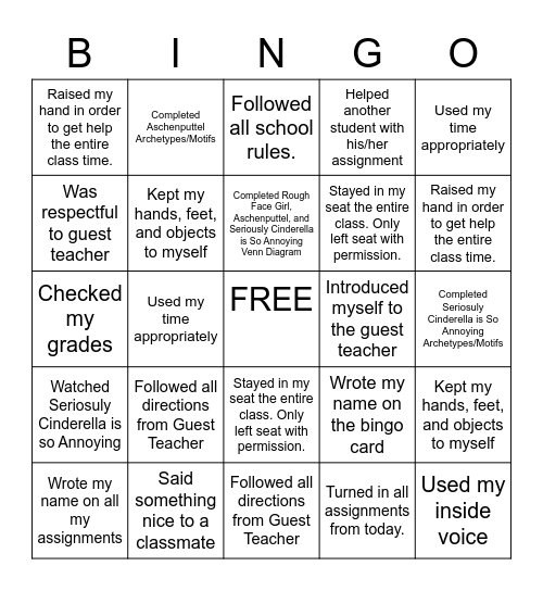 Ms. Bell is Out Bingo Card