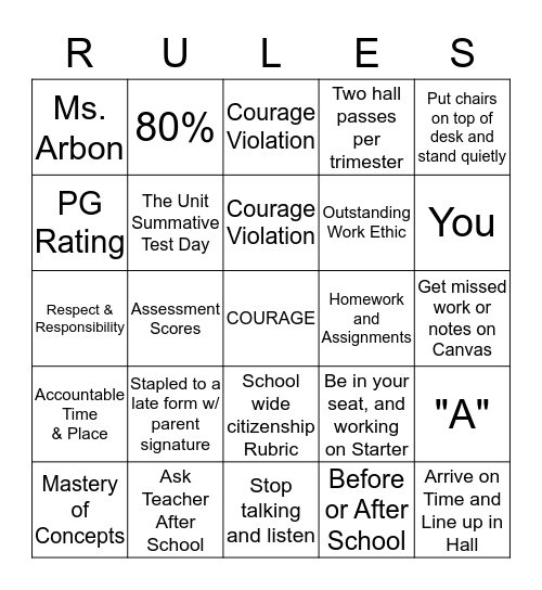 Team Frigga Classroom Standards Bingo Card