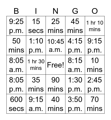 Addition & Subtraction of time Bingo Card