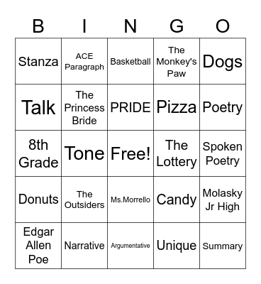 8th Grade ELA Bingo Card