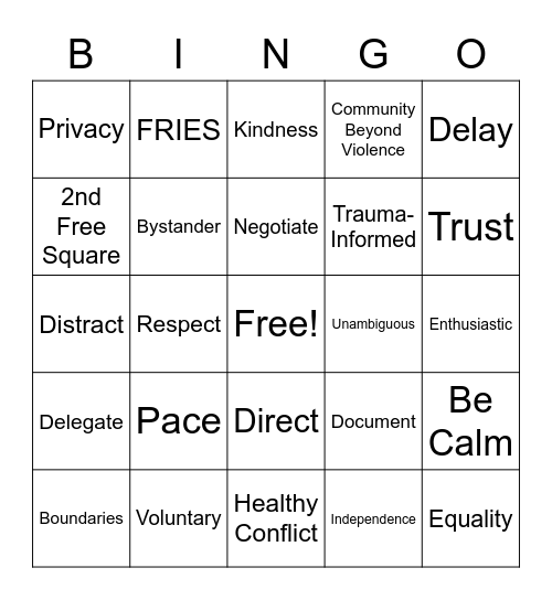 Relationship Bingo Card