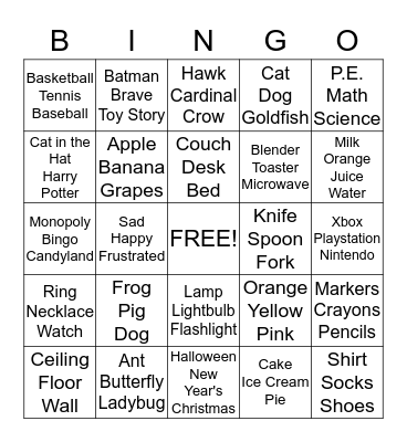 Category Bingo Card