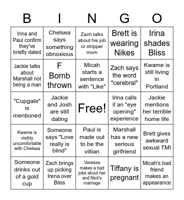 Love is Blind Reunion Bingo Card