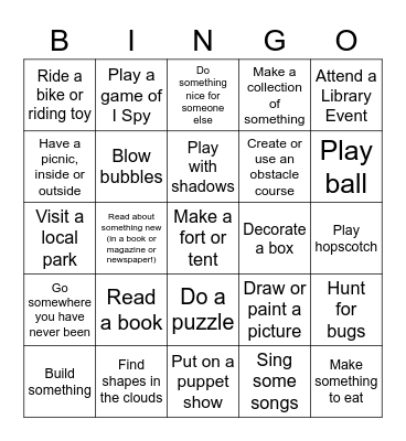 Screen Free Week Bingo Card