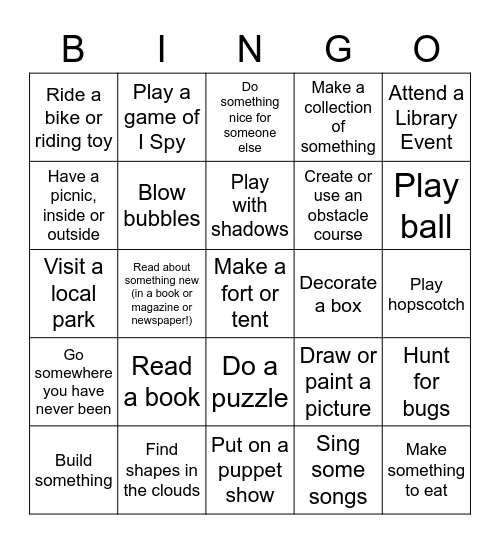 Screen Free Week Bingo Card