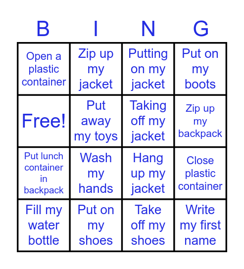 Kindergarten Challenge Bingo Card