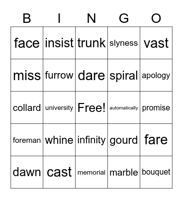 "Brown Girl Dreaming" Vocabulary Bingo Card