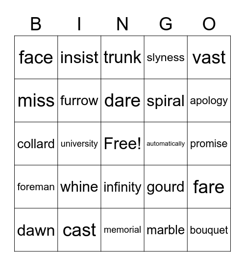 "Brown Girl Dreaming" Vocabulary Bingo Card