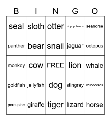 Animal Bingo Card