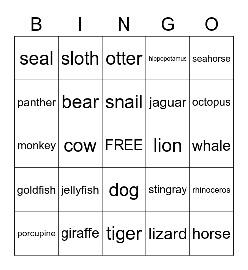 Animal Bingo Card