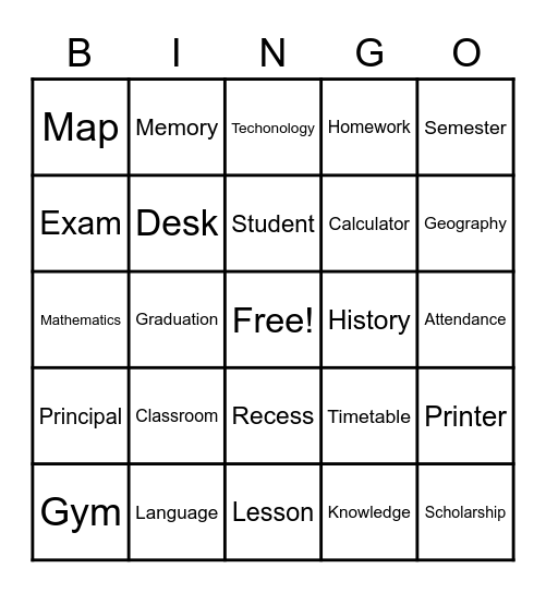 English Bingo Card