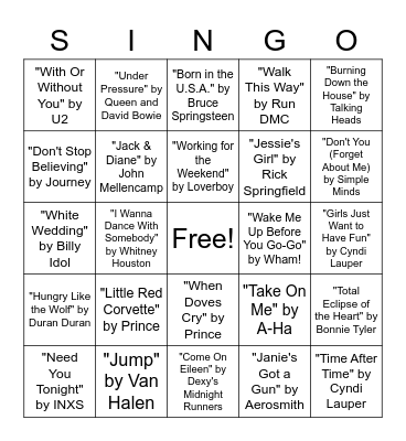 Musical Bingo - '80s Music Bingo Card