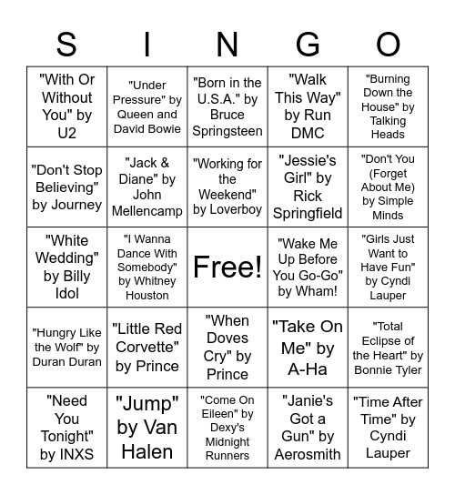 Musical Bingo - '80s Music Bingo Card