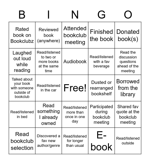 Bookish Book Club Bingo Card