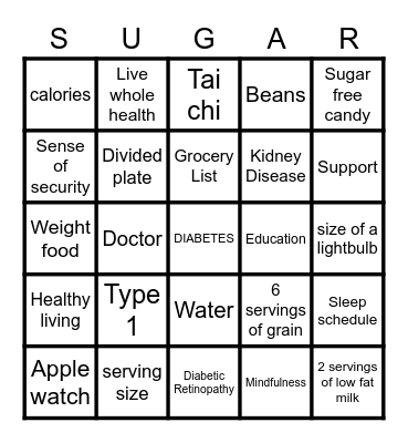 Diabetic Bingo Card