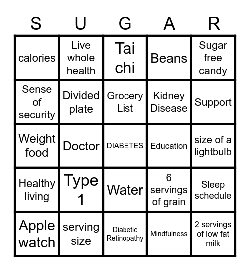 Diabetic Bingo Card