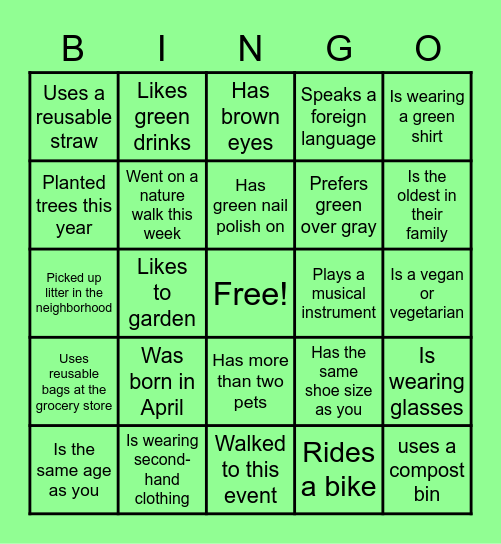 Earth Day Find Someone Who Bingo Card