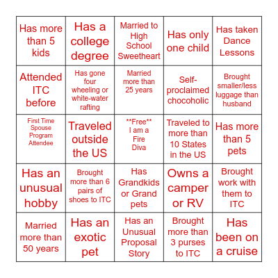 Fire Diva Bingo Write down their name in a box and something about them to win!!!! Each attendee’s name once per card! No group talking.  Lisen for bell to switch partners! Bingo Card