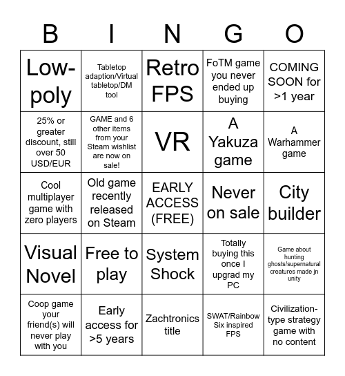 Steam Wishlist Bingo Card