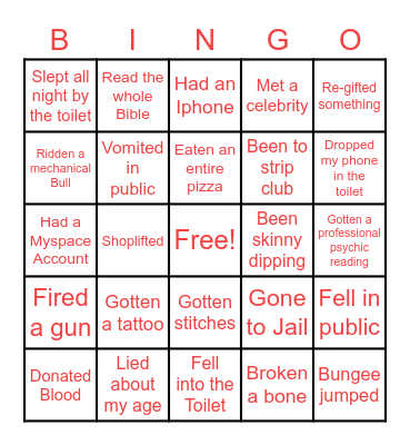 Never Have I Ever Bingo Card