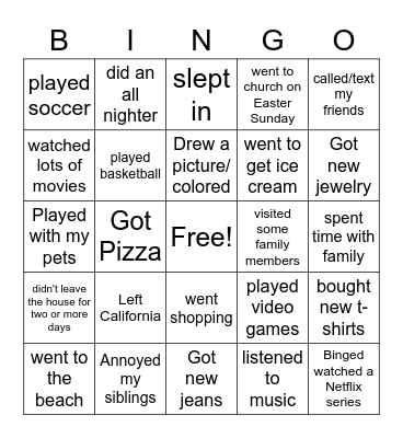 My Spring Break Bingo Card