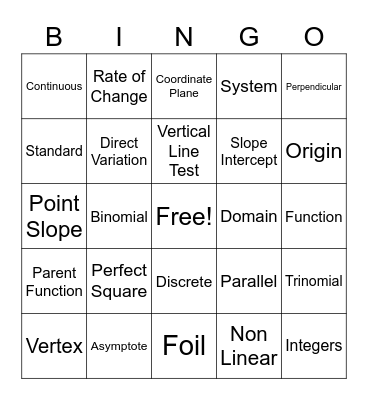 Algebra Vocabulary Bingo Card