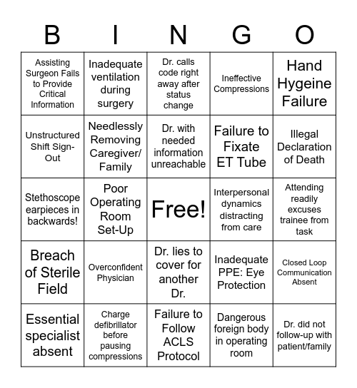 Patient Safety Bingo Card