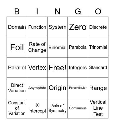 Algebra Vocabulary Bingo Card