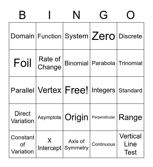 Algebra Vocabulary Bingo Card