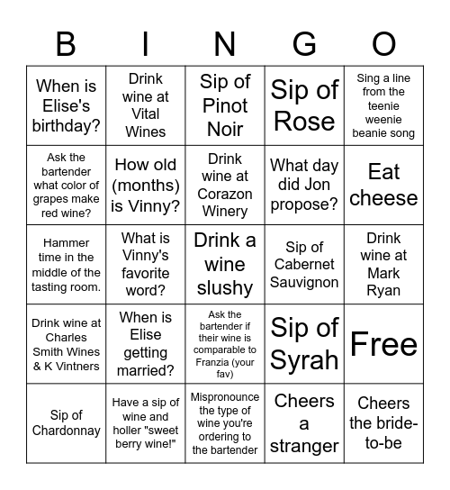 Elise's Bach Party - Wine Walk Bingo Card