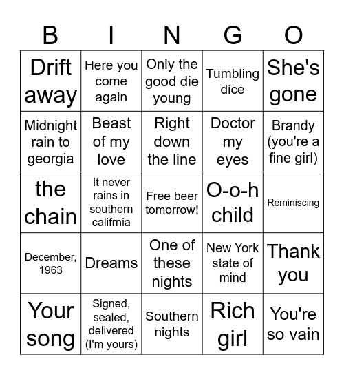 All Out 70's 3 Bingo Card