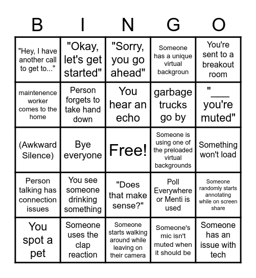 Zoom Meeting BINGO Card