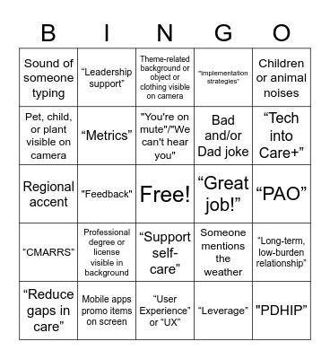 Tech into Care mHealth Sustainment Summit Bingo Card