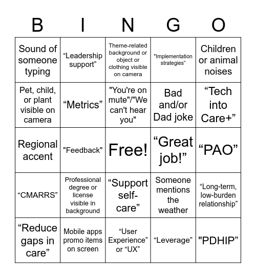 Tech into Care mHealth Sustainment Summit Bingo Card